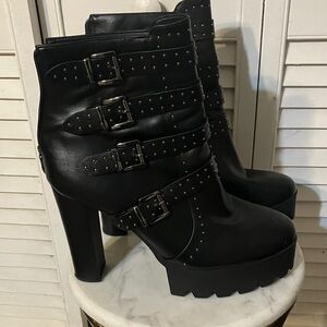 Sleek Black Buckle Heeled Boots